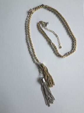 Mixed Metal Tassel Lariat Necklace Gold Silver Tone Rope Chain Rhinestone Slider